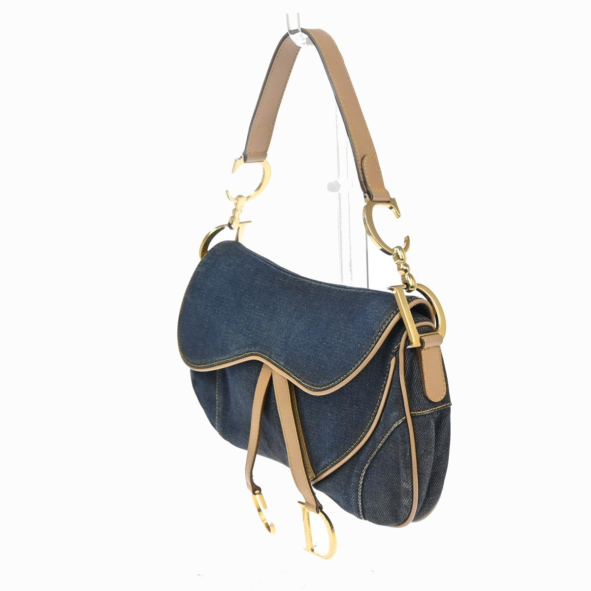 CHRISTIAN DIOR Double Saddle Denim Shoulder Bag Canvas Leather Blue 308RP166