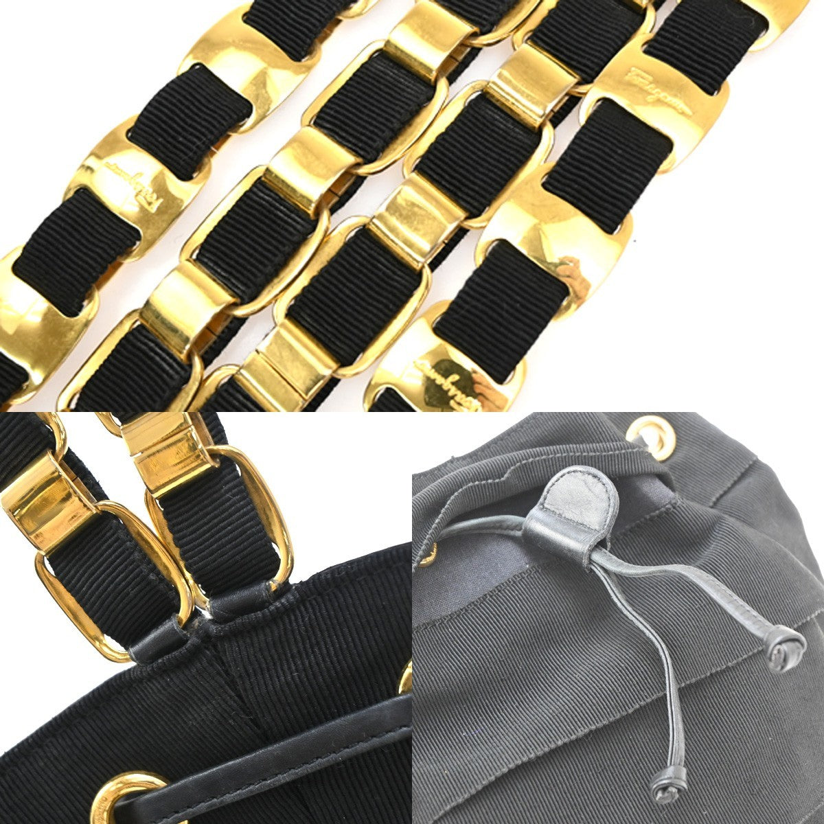 SALVATORE FERRAGAMO Vara Chain Backpack Bag Canvas Leather Black GHW 68EG222