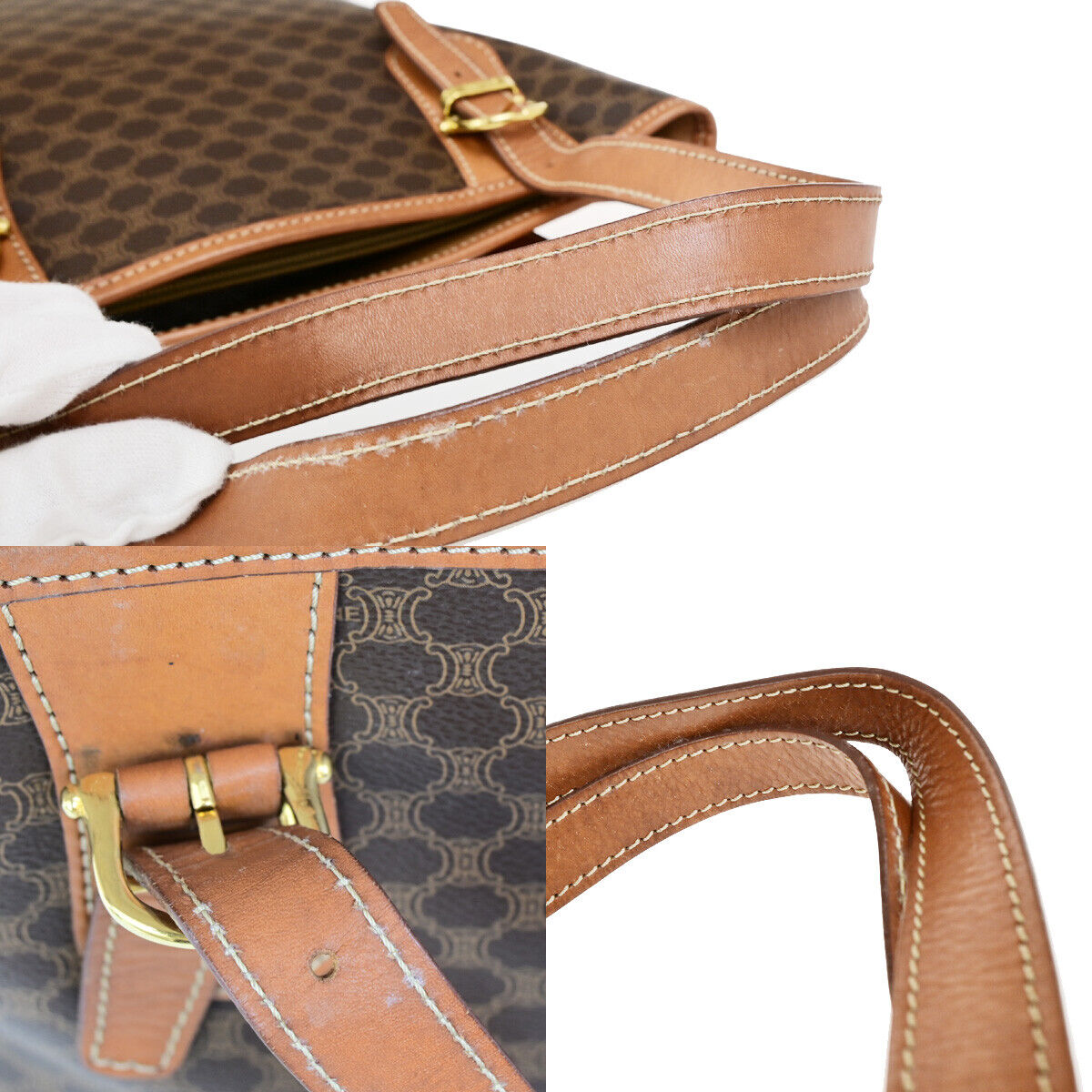 CELINE Logo Macadam Pattern Shoulder Tote Bag PVC Leather Brown GHW 62SJ475