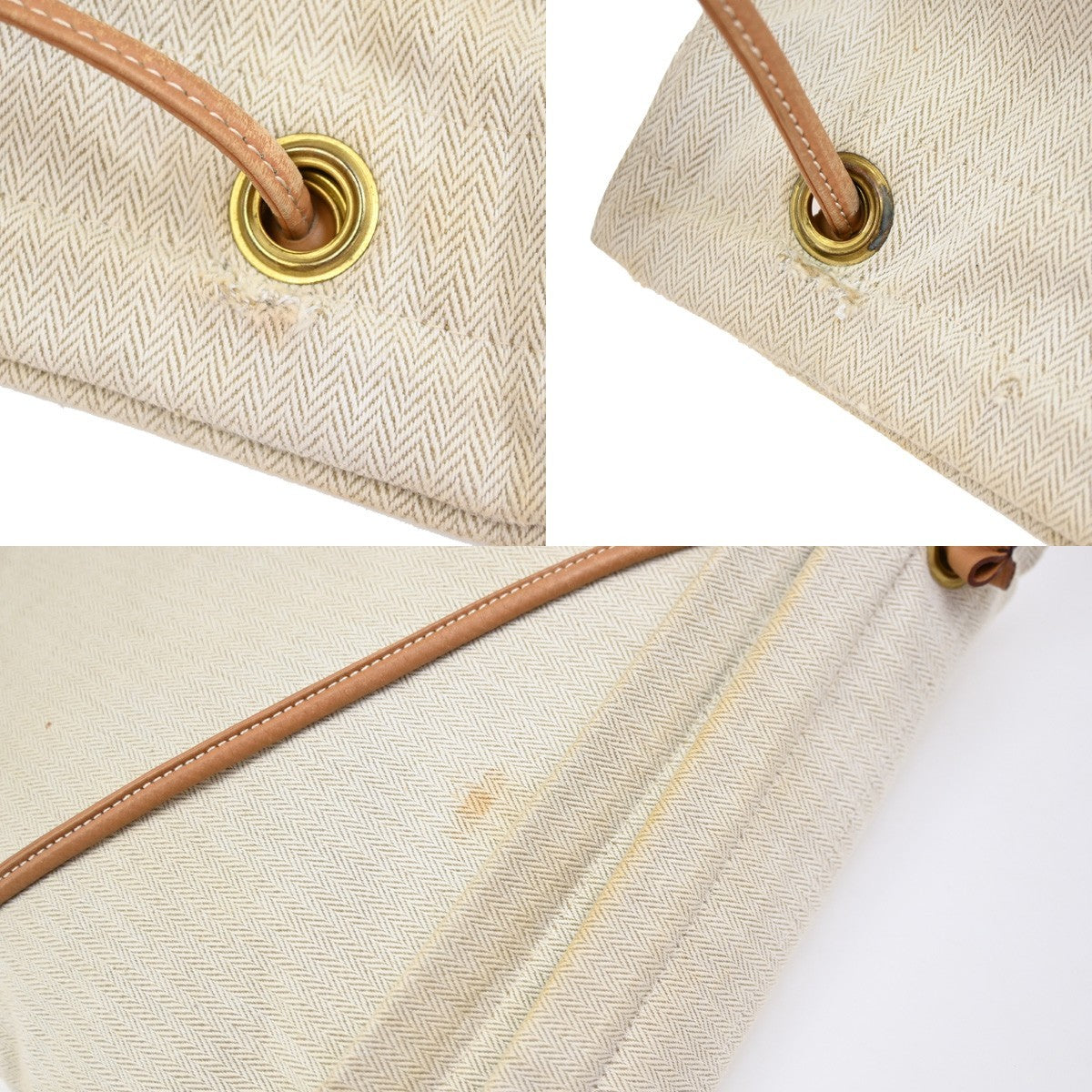 HERMES Logo Aline Shoulder Bag Toile Chevrons 100% Cotton Leather Beige 80YJ012