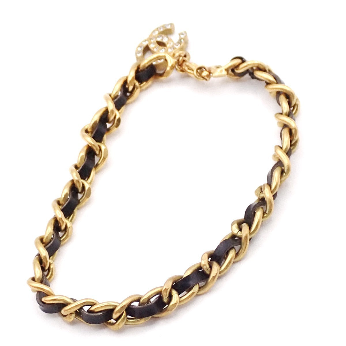 CHANEL CC Rhinestone Chain Bracelet Anklet Leather 95P GHW Black Vintage 12RL959