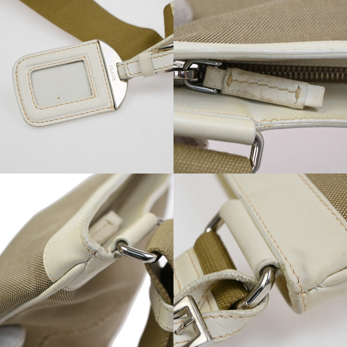 PRADA MILANO Logo Jacquard Shoulder Bag  Leather Canvas Beige White 85CA963