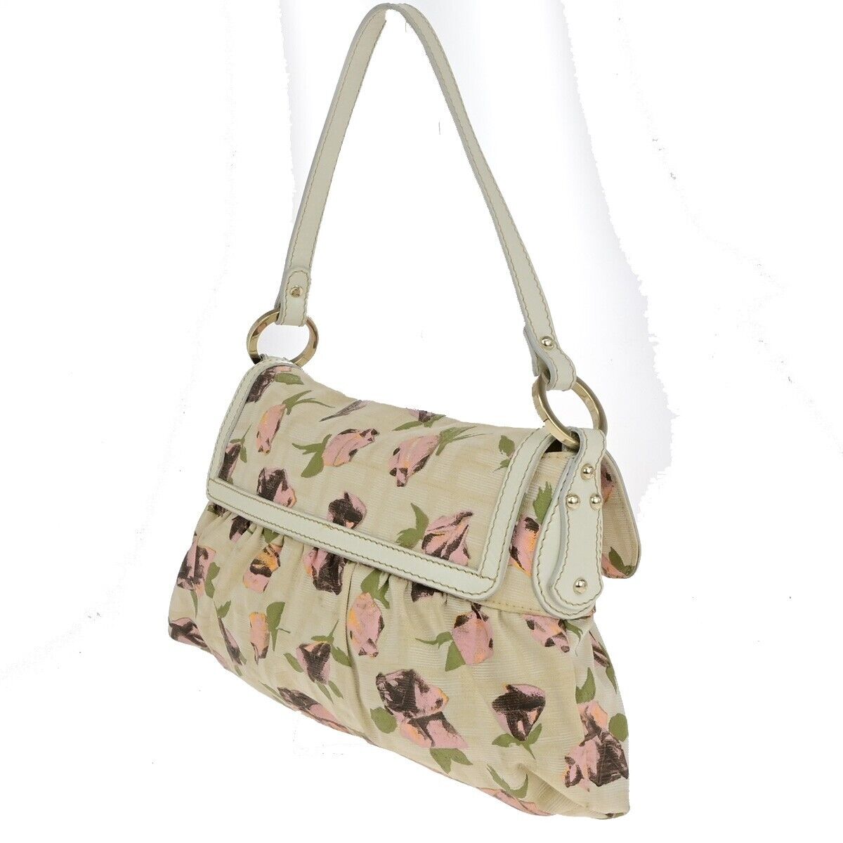 FENDI Logo Zucca Pattern Flower Hand Bag Canvas Leather Beige Pink Italy 88ED405