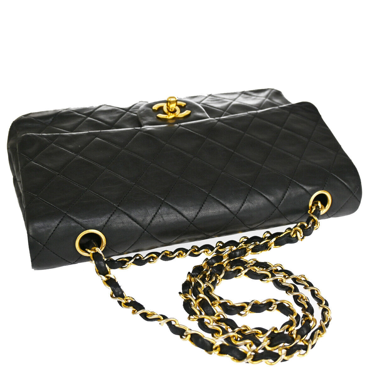 CHANEL CC Matelasse 25 Double Flap Chain Shoulder Bag Leather Black GHW 373RJ561