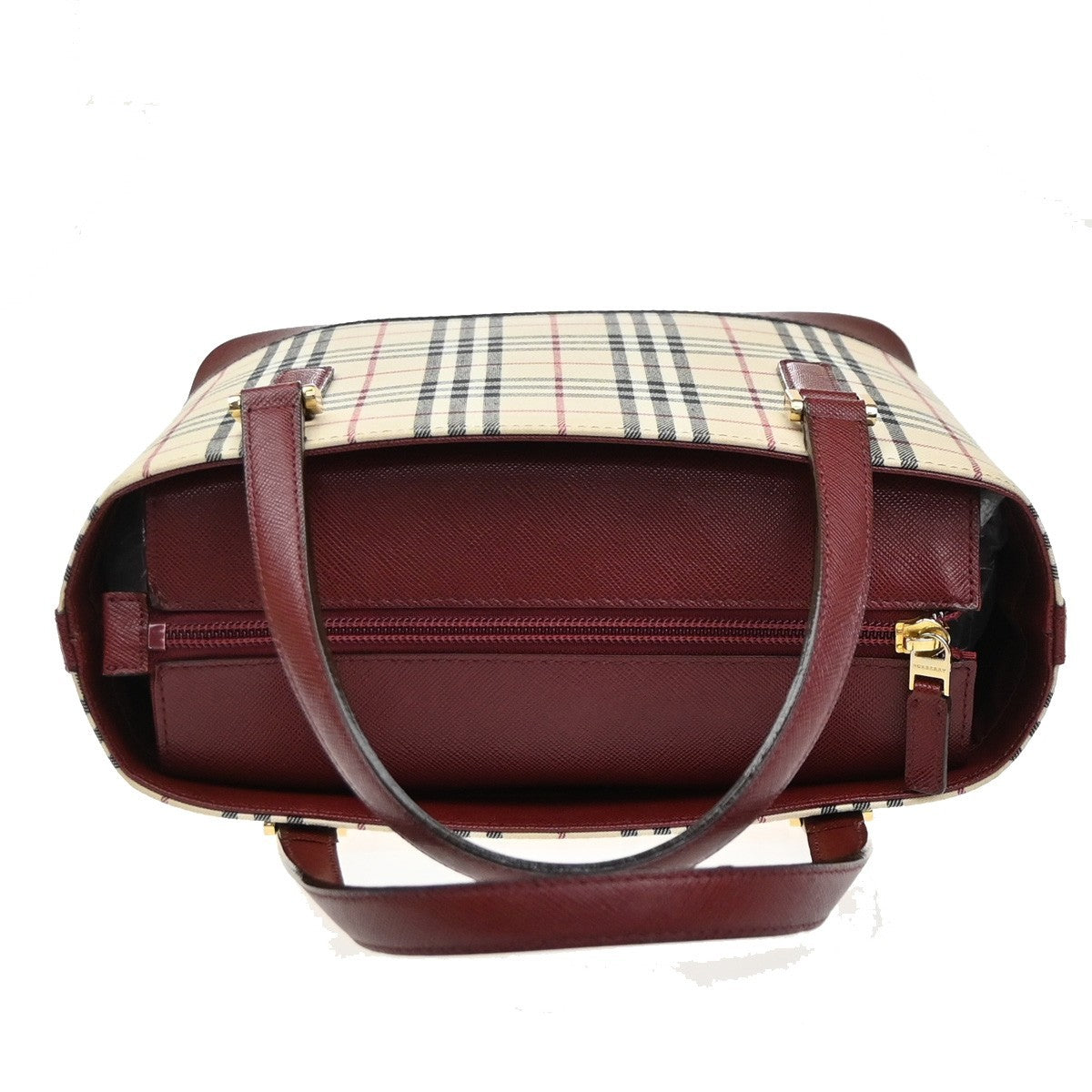 BURBERRY Logo Nova Check Hand Bag Canvas Leather Beige Red GHW 39RQ059