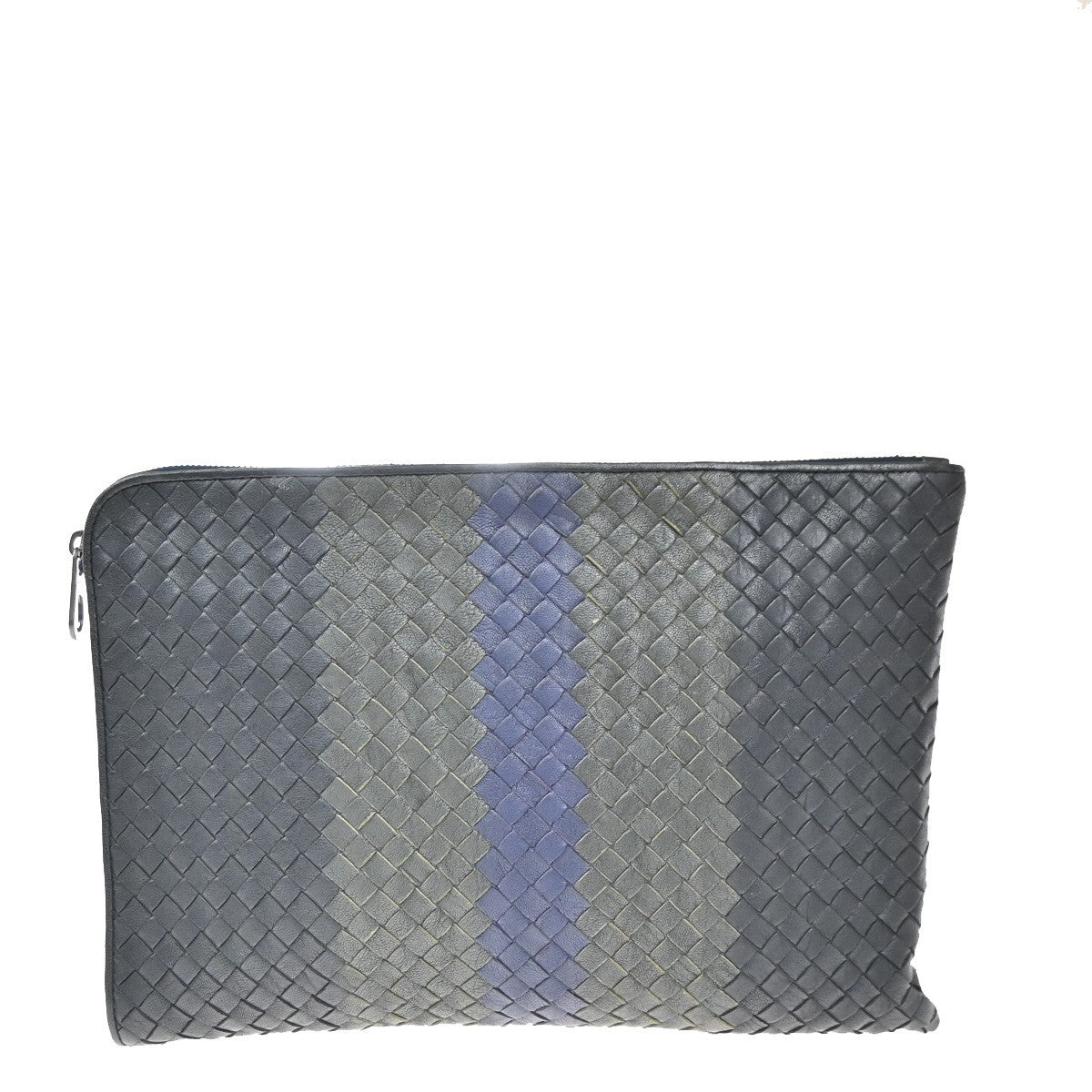 BOTTEGA VENETA Logo Intrecciato Clutch Bag Leather Black Blue Gray Italy 35KP575