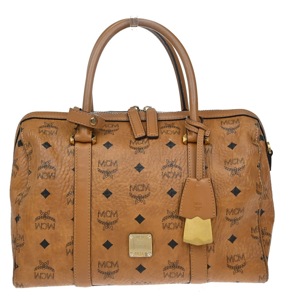 MCM Logo Travel Hand Bag Leather Brown Gold Plated 61EG132