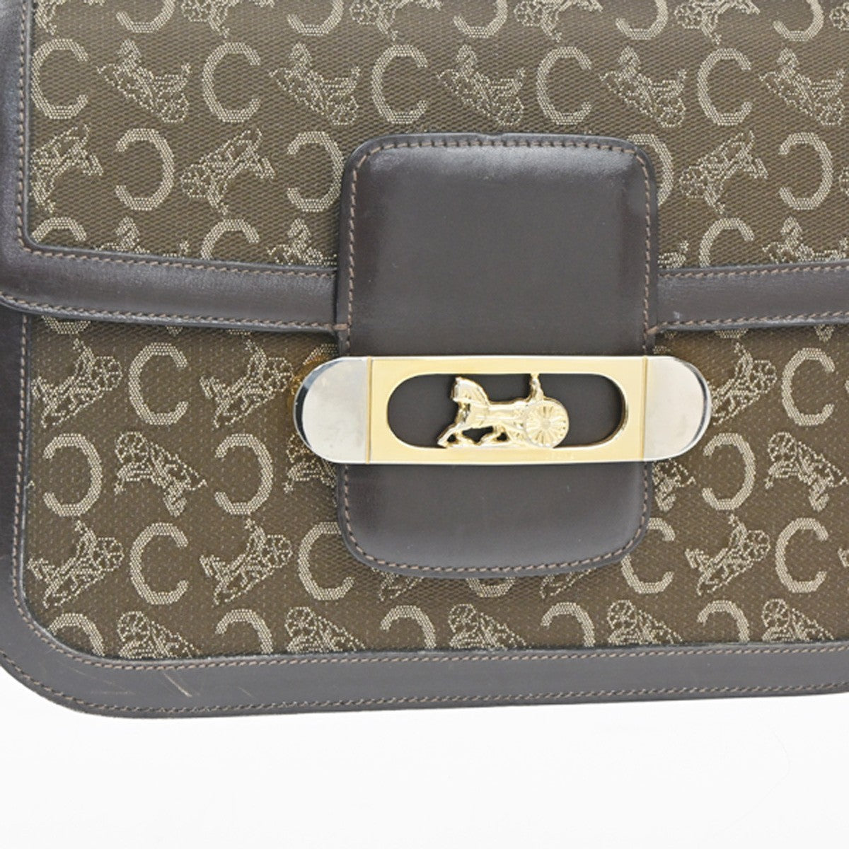 CELINE Logo C Macadam Horse Carriage Shoulder Bag Canvas Leather Brown 34KP553