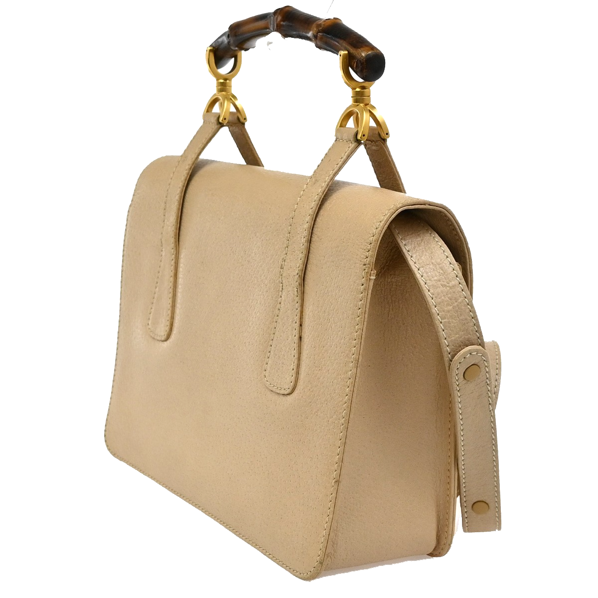 GUCCI Logo Bamboo 2Way Shoulder Hand Bag Leather Beige GHW Italy 95KB654