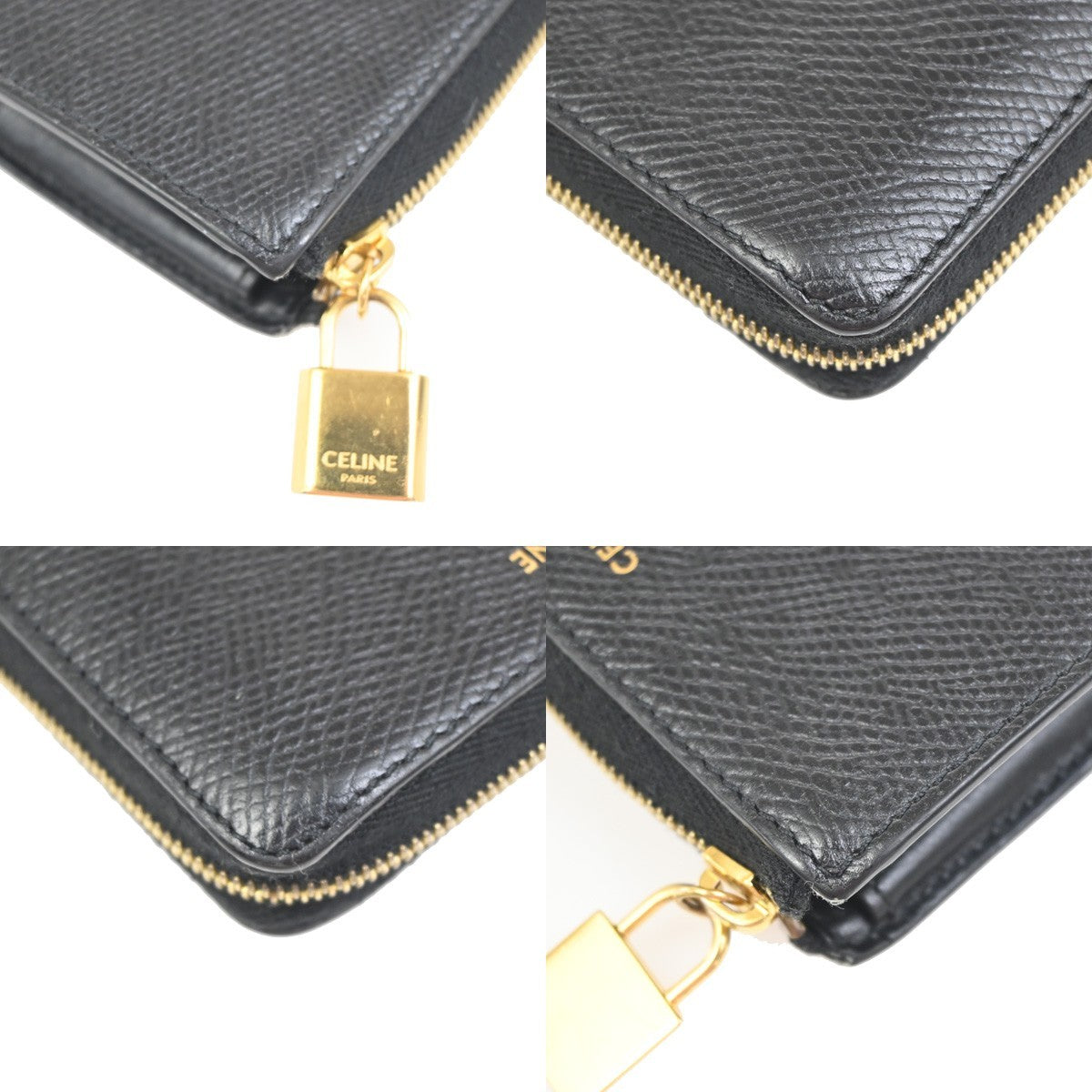CELINE Logo Mini Zipper Compact Coincase Leather Black Gold Italy 64TA602