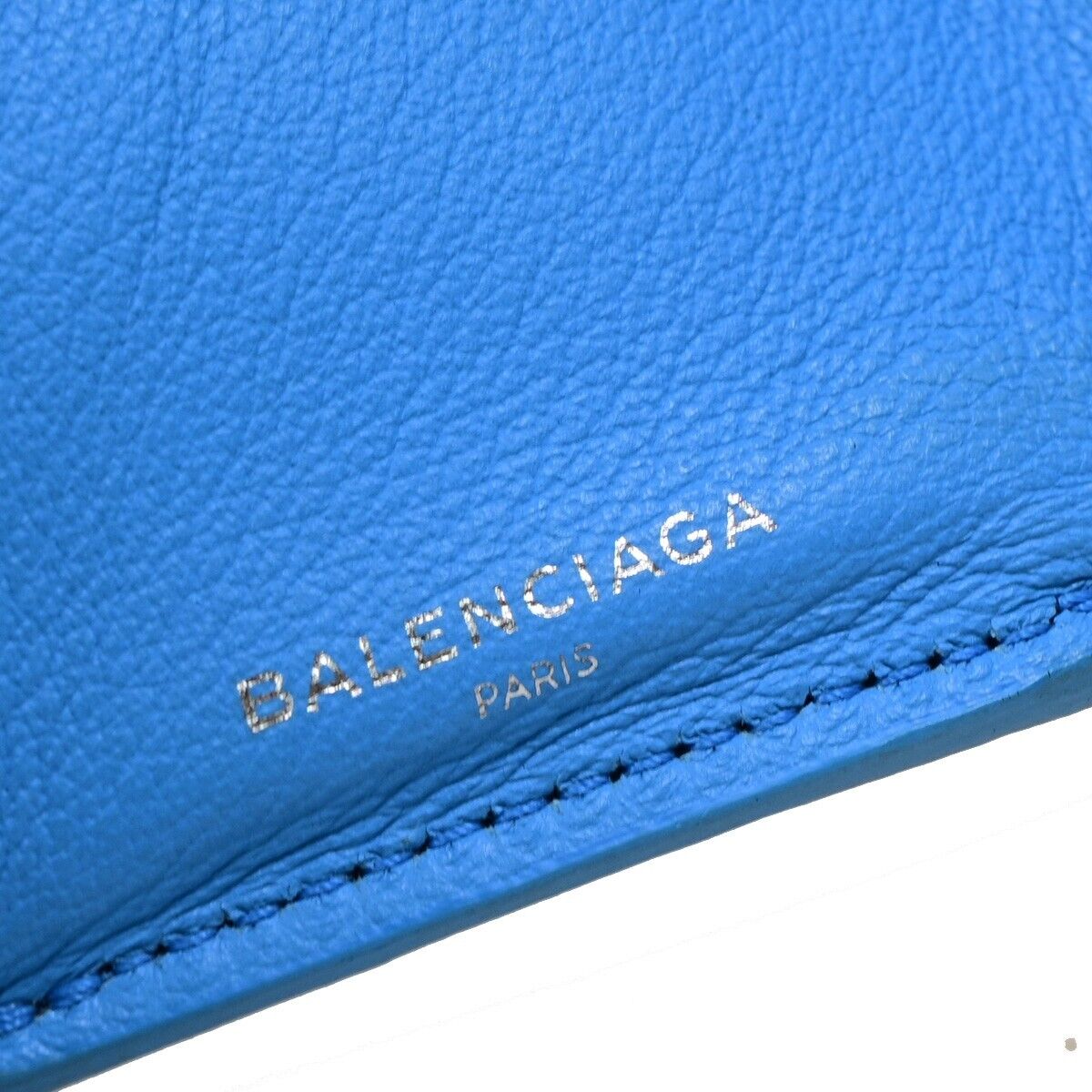 BALENCIAGA Logo Paper Mini Trifold Wallet Purse Leather Blue SHW Italy 68EB974