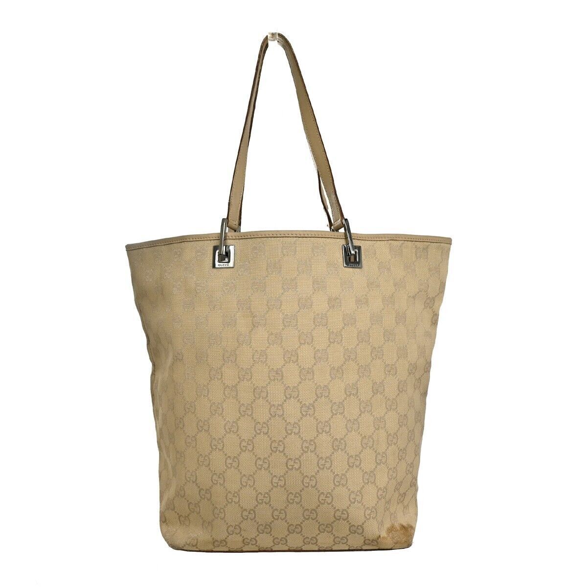 GUCCI Logo GG Pattern Tote Shoulder Bag Canvas Leather Beige SV Italy 08GA225