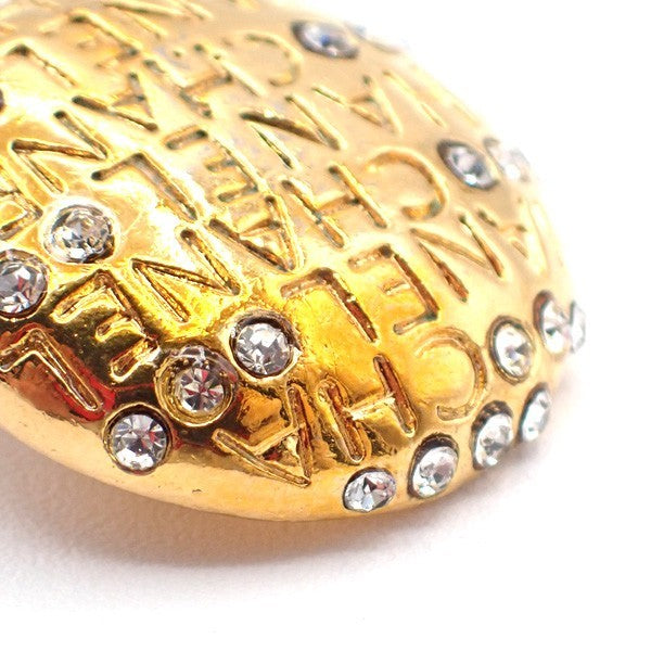 CHANEL Logo Rhinestones Earrings Clip-on Gold France Vintage 36RL872