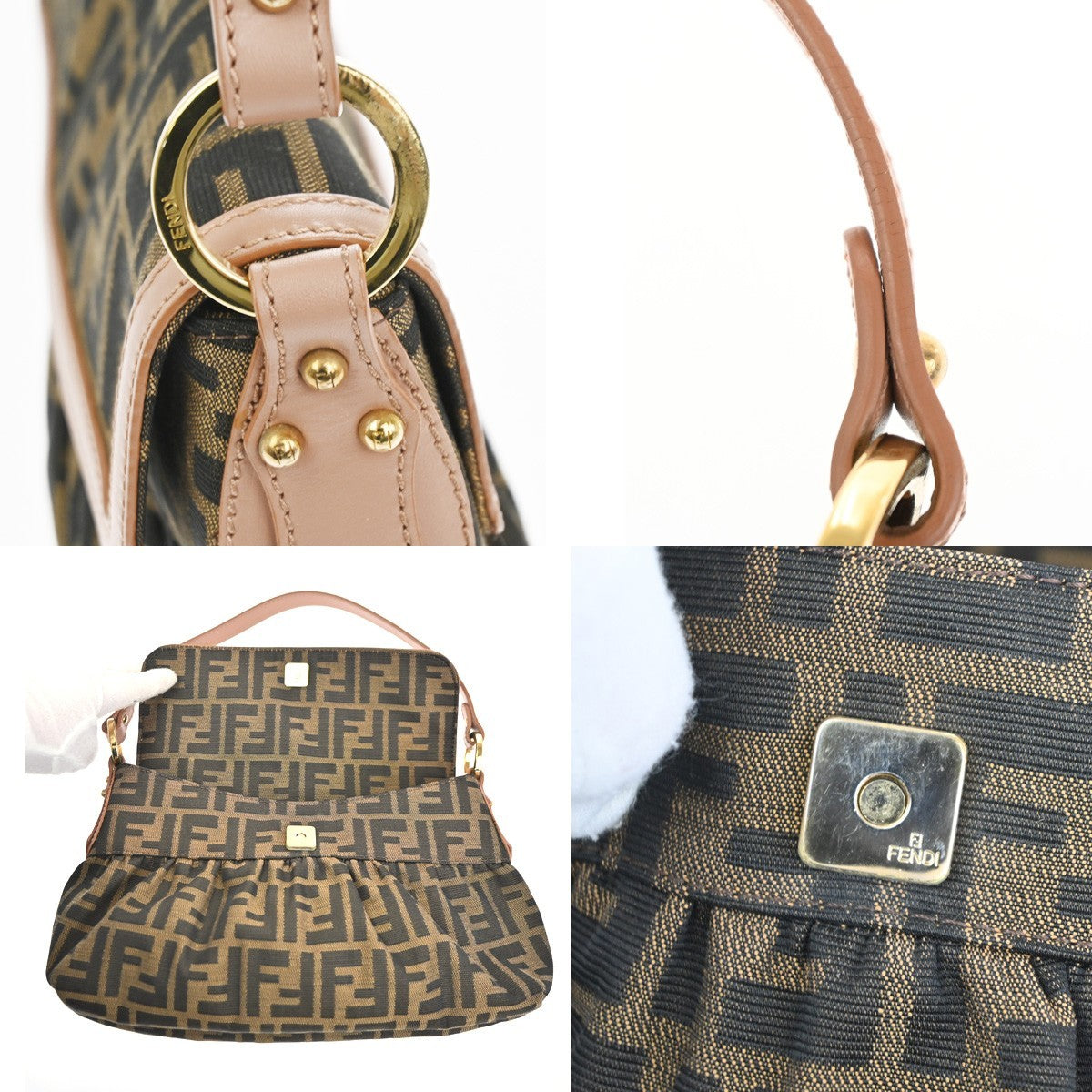 FENDI Logo Mamma Zucca Pattern Shoulder Bag Canvas Leather Brown Pink 46TA511