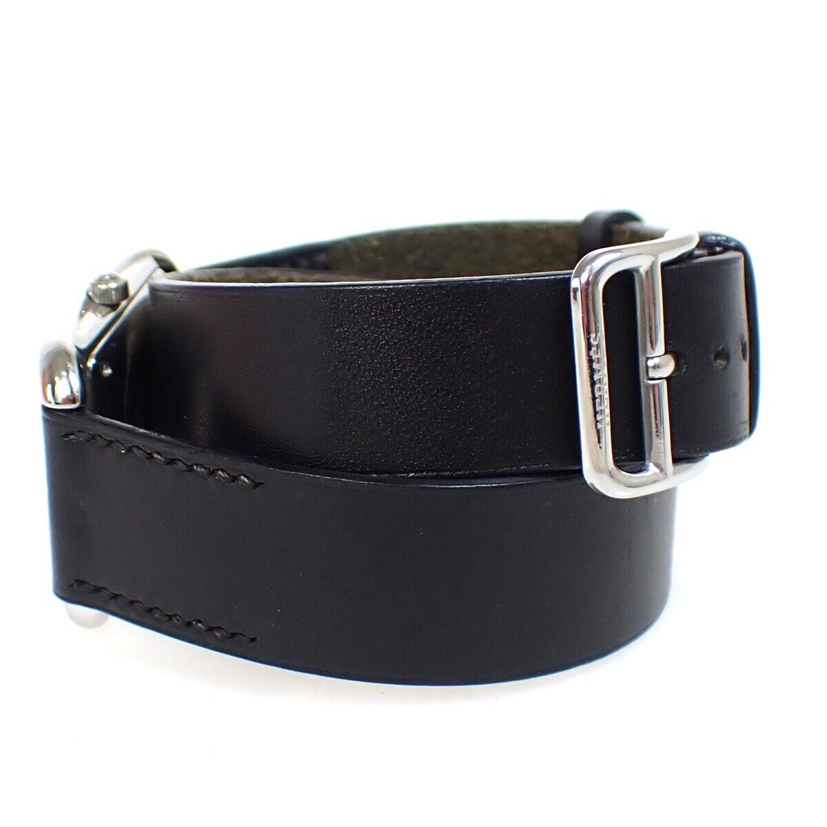 HERMES Logo Cape Cod Double Tour Wristwatch Leather ▢D Black Silver 660LC513