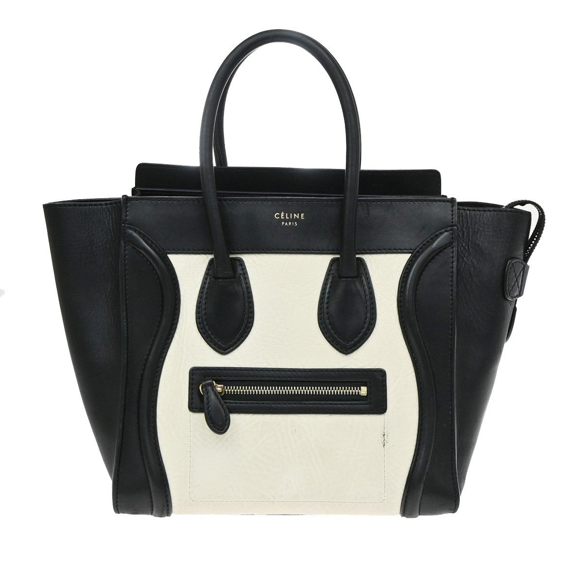CELINE Logo Luggage Phantom Large Hand Tote Bag Leather Black White GHW 12EG408