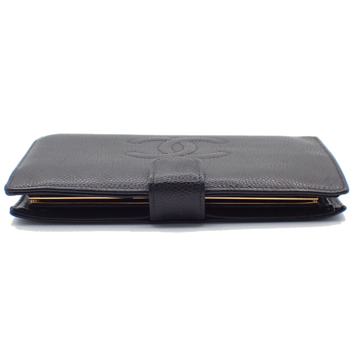 CHANEL CC Logo Long Bifold Wallet Purse Grained Calfskin Leather Black 30KC576