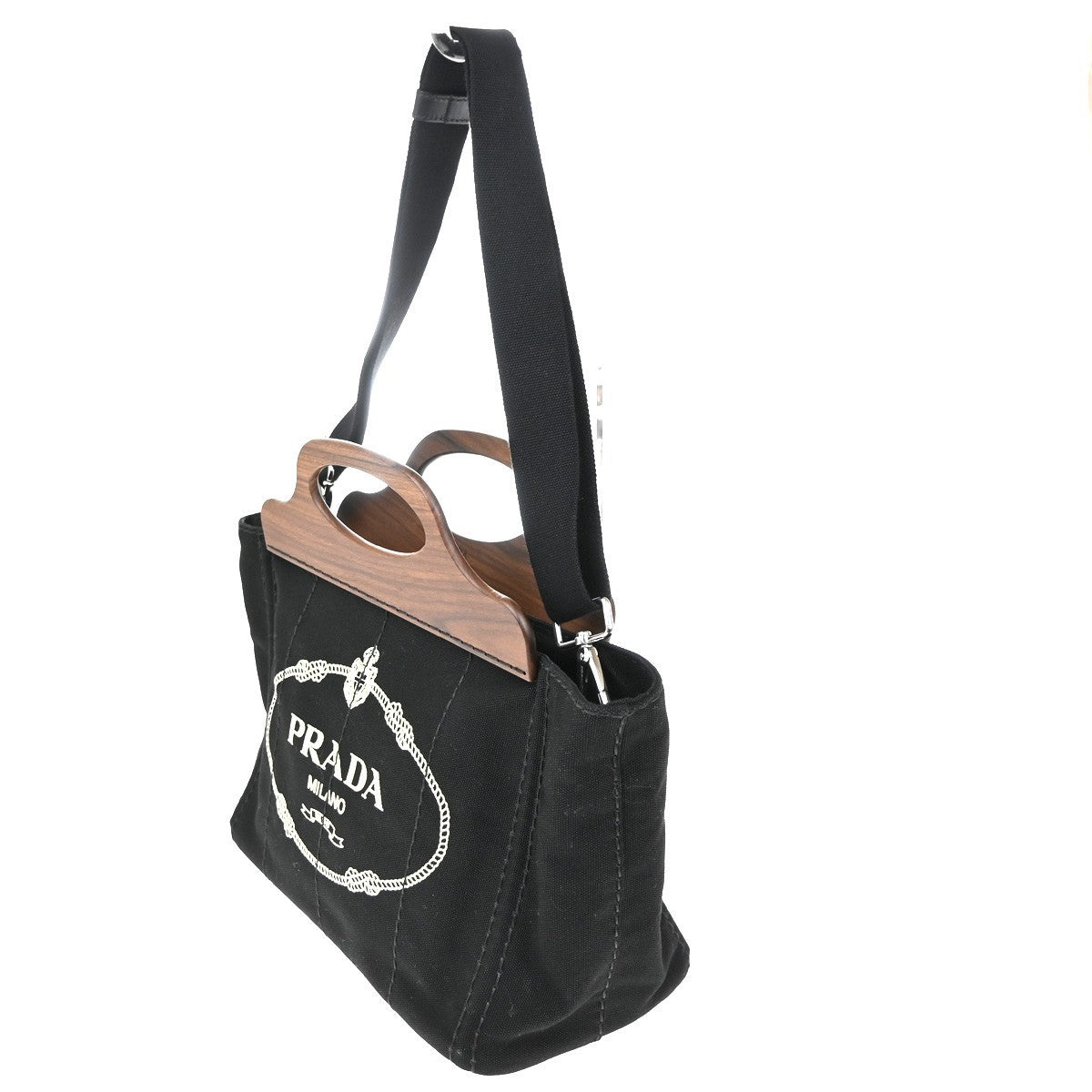 PRADA Milano Logo CANAPA 2Way Tote Hand Bag Canvas Wood Black Italy 50RL769