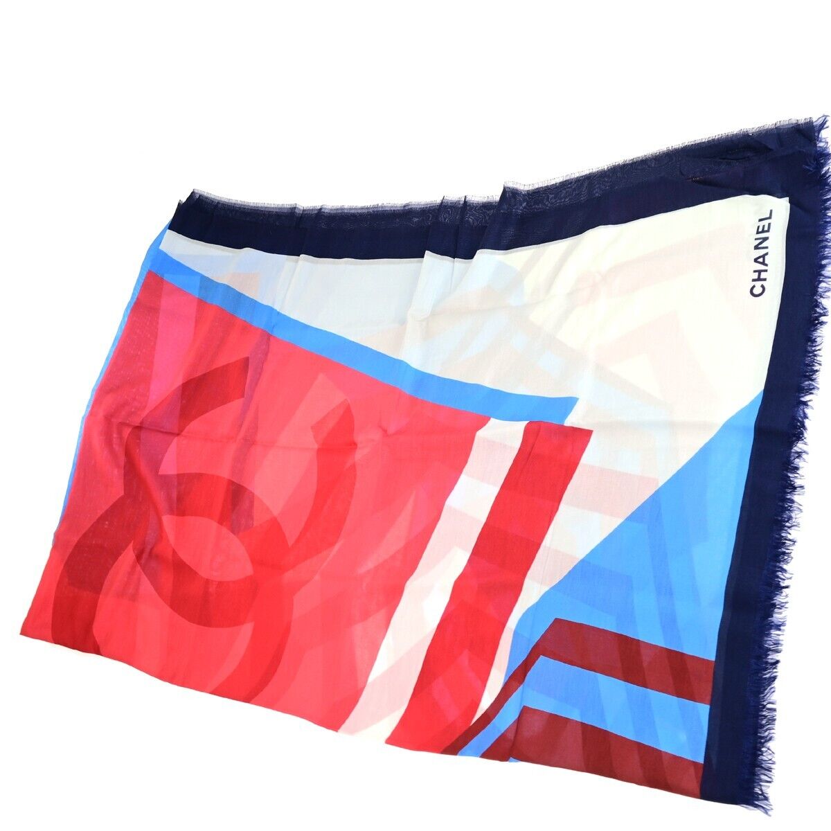 CHANEL CC Logo XL Scarf Cotton Silk Navy Blue Red Made In Italy 68KA319