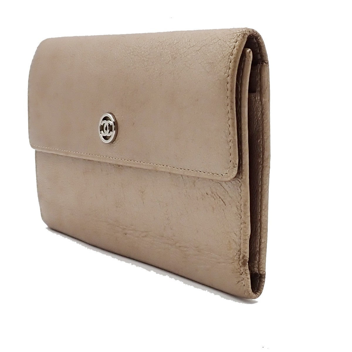 CHANEL CC Logo Trifold Long Wallet Purse Leather Gold Italy 33RL254