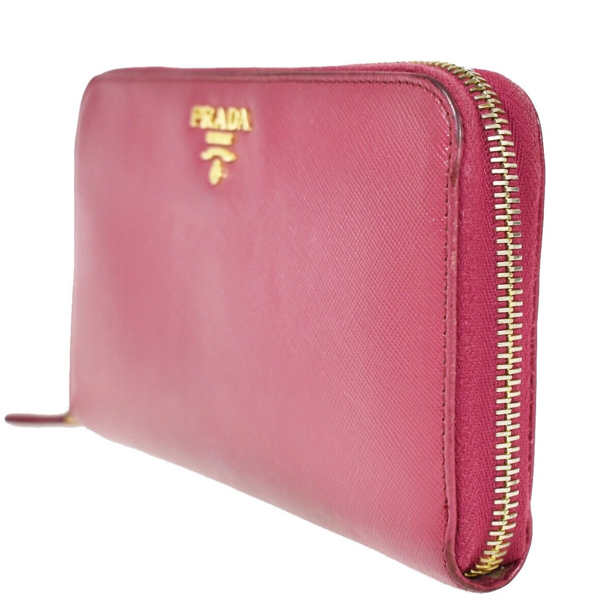 PRADA Logo Long Bifold Wallet Purse Saffiano Leather Pink Gold Italy 68GA564