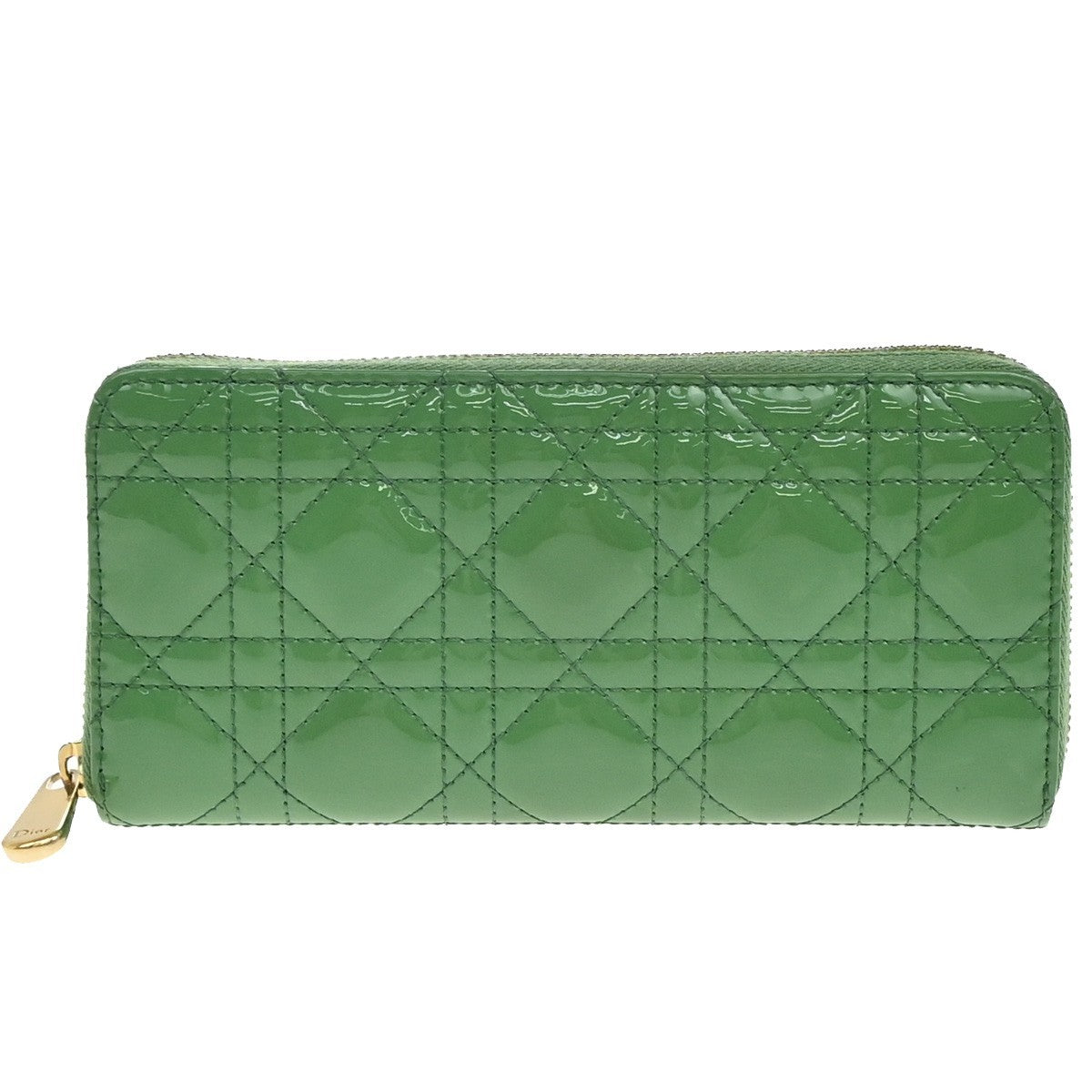 CHRISTIAN DIOR Logo Cannage Zip Around Long Wallet Patent Leather Green 36EG143