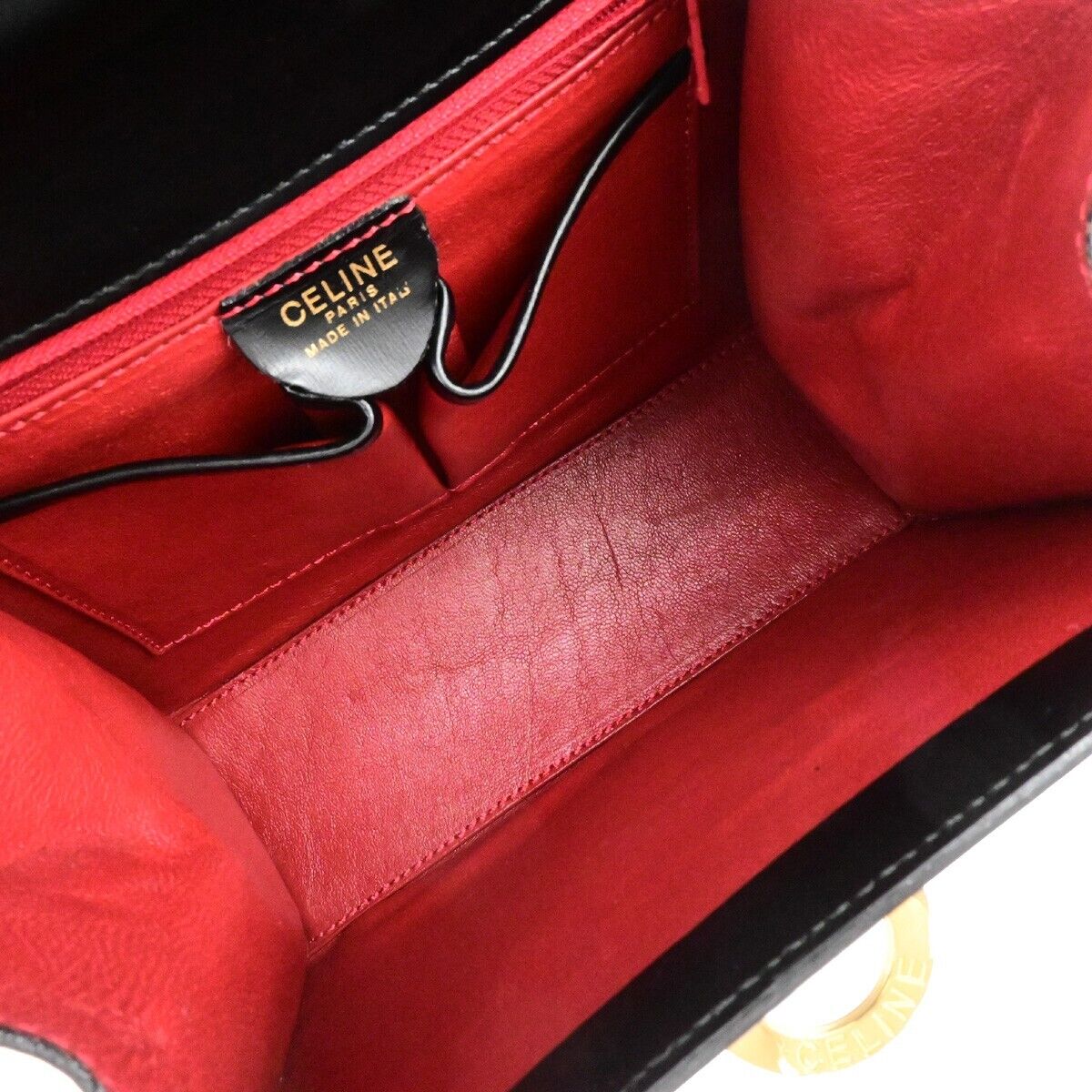 CELINE Logo Top Handle Hand Bag Leather Black Gold Made in Italy 80ED937