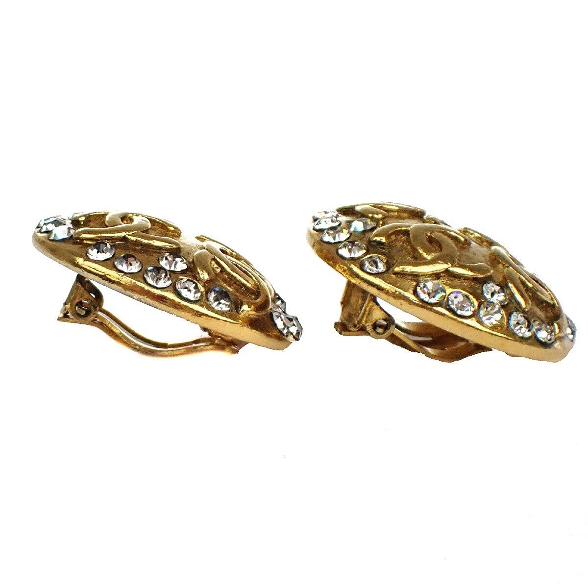 CHANEL CC Logo Round Button Earrings 23 Clip-On Rhinestone GHW Vintage 72GA289