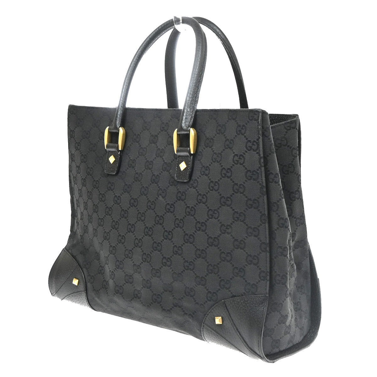 Gucci GG  Pattern Nailhead Tote Hand Bag Black Canvas Leather Italy 84SA156