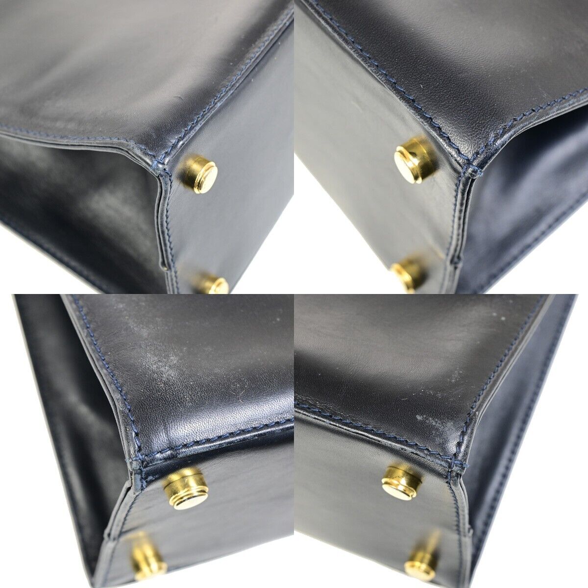 SALVATORE FERRAGAMO LOGO Vara 2Way Hand Bag Leather Canvas Navy Blue 65FA942