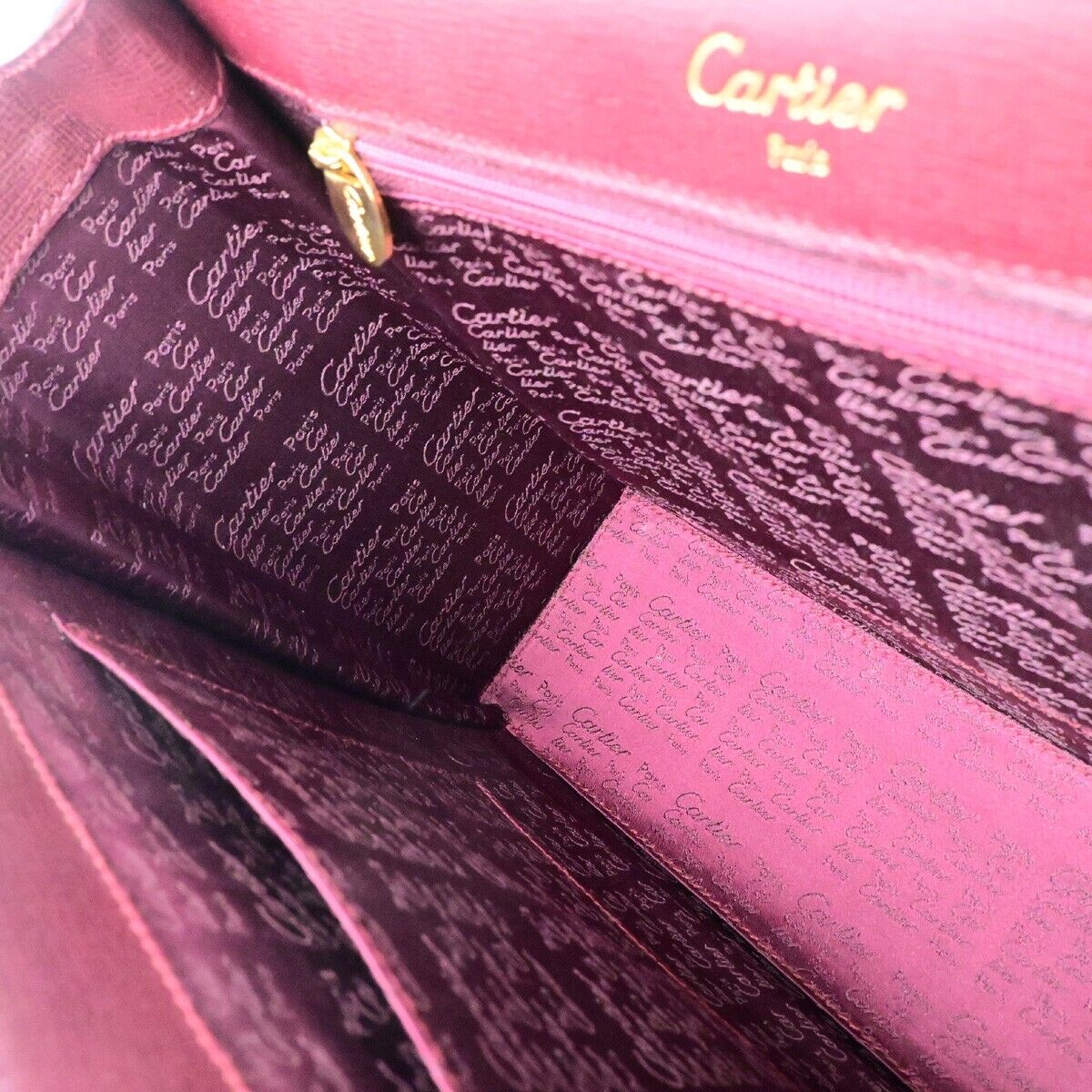CARTIER 2C Logos Hand Bag Leather Bordeaux Gold-Plated Made In Spain 78EC825