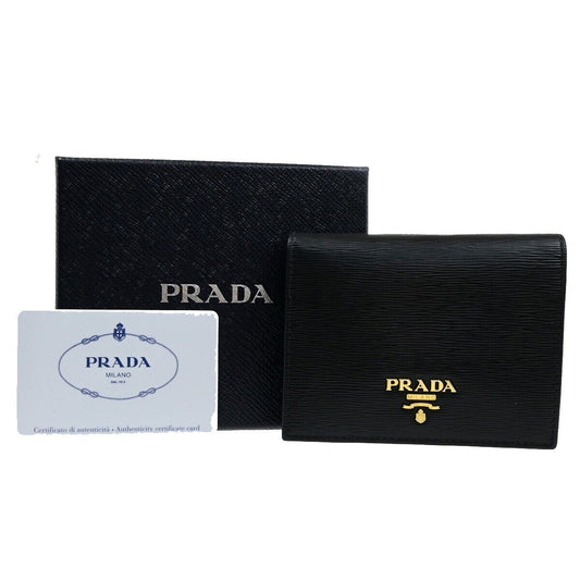 PRADA MILANO Logo Bifold Compact Wallet Vitello Move Leather Black Gold 61ED448