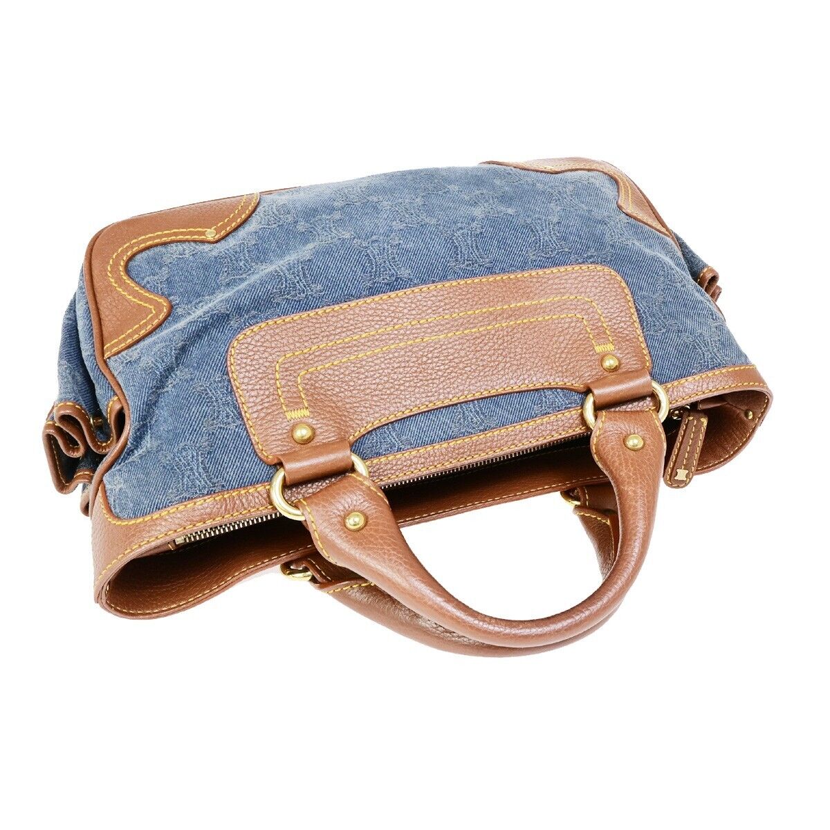 CELINE Logo Macadam Pattern Hand Tote Bag Denim Leather Brown 86FB086