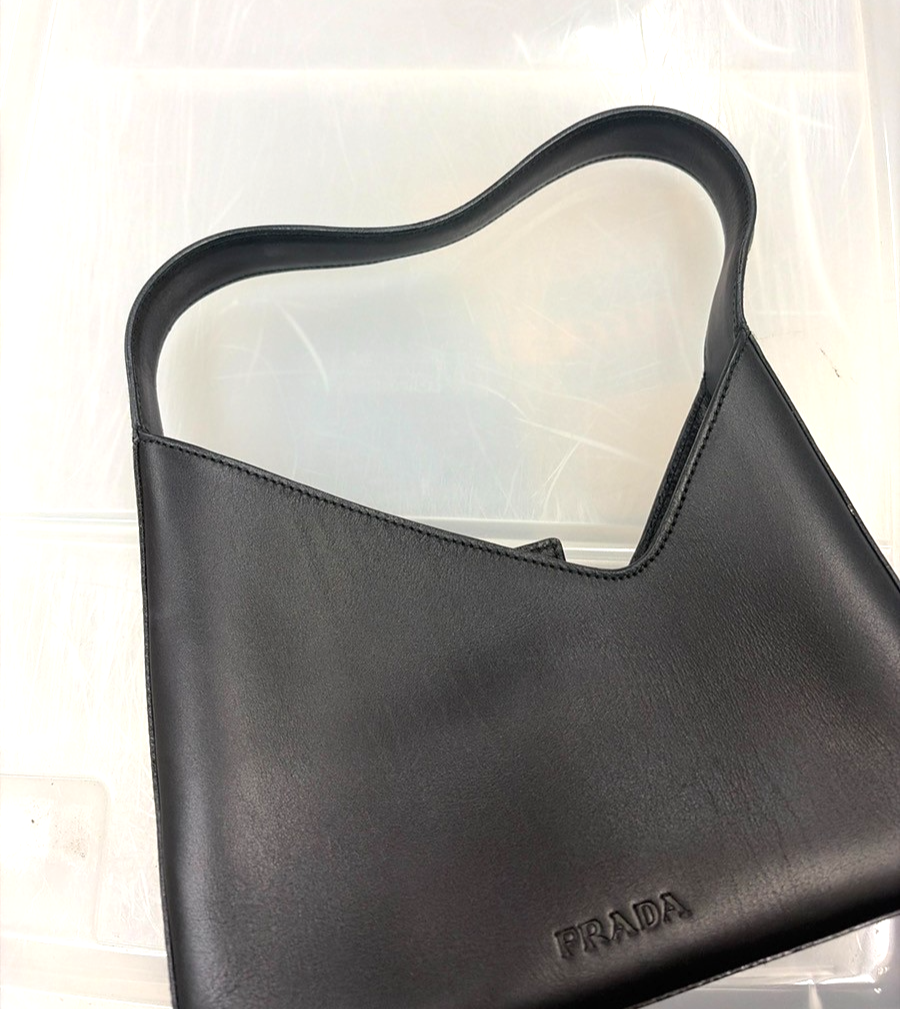 PRADA Logo Asymmetry Mini Hobo Shoulder Bag Leather Black Italy 11YJ086