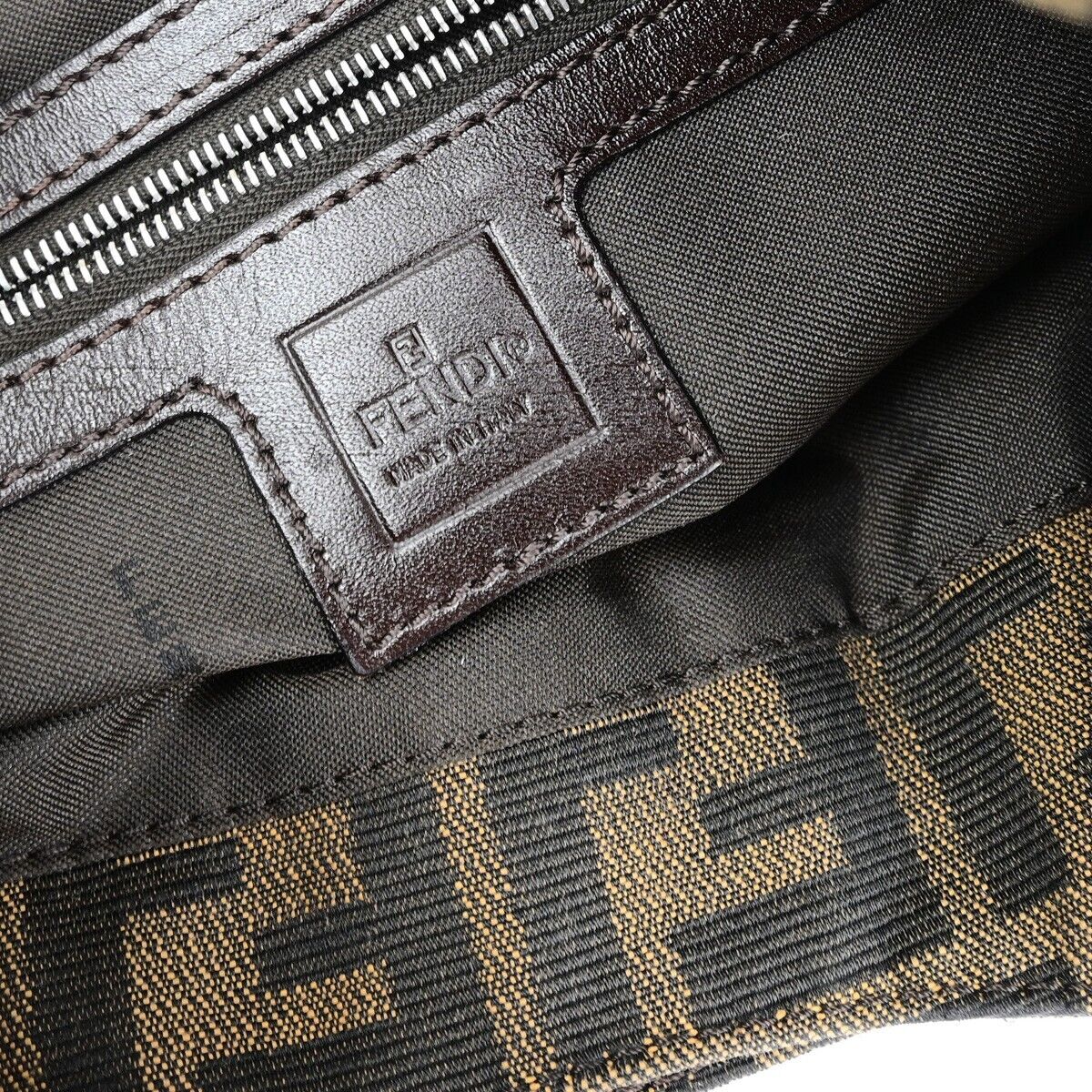 FENDI Logo Mamma Zucca Pattern Shoulder Bag Canvas Leather Brown Italy 93EB981
