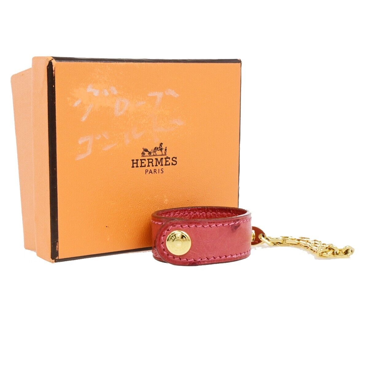 HERMES Logo Chain Glove Holder Exotic Leather Gold-plated Red Accessory 67KA565