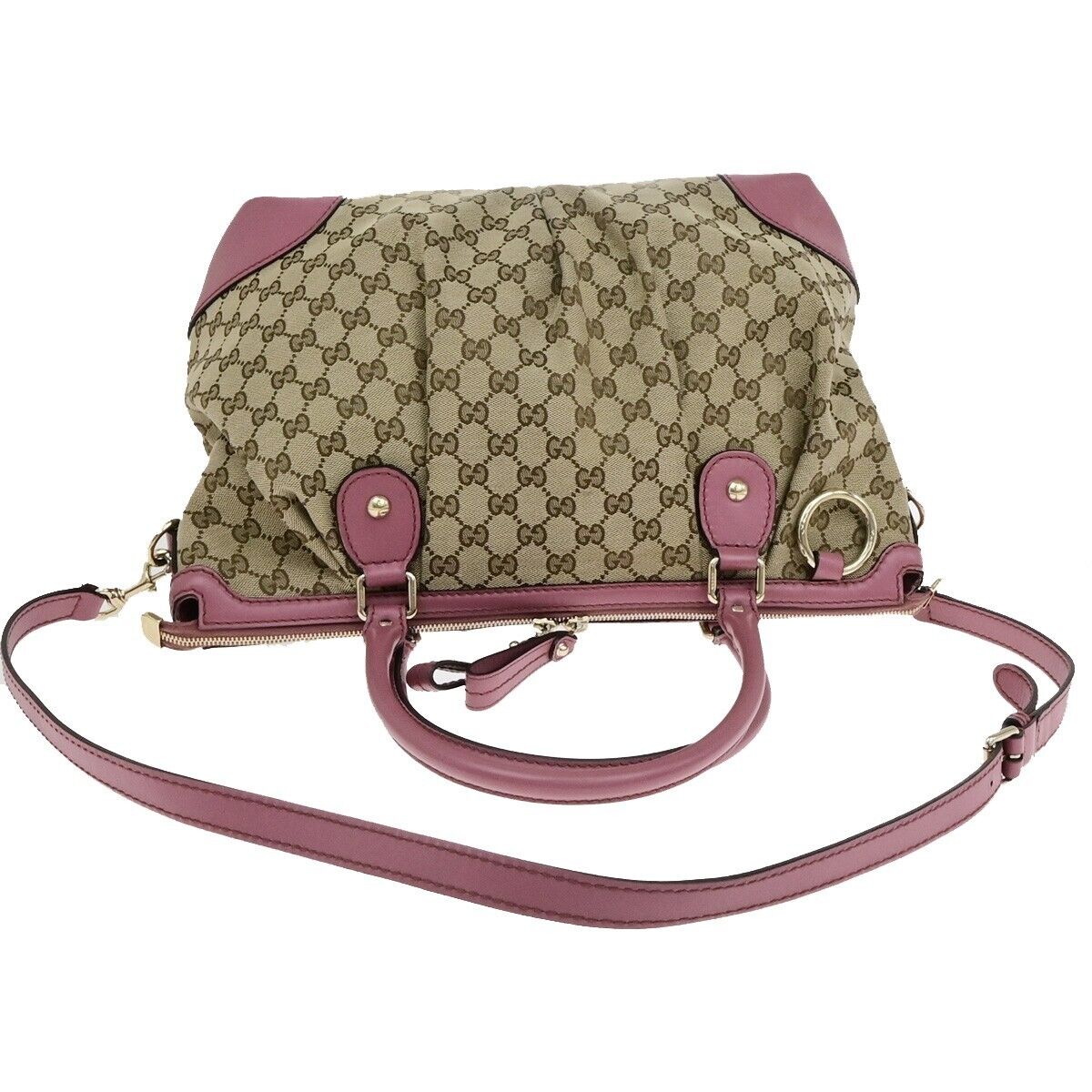 GUCCI Logo GG Pattern Shoulder Bag Canvas Leather Pink Brown GHW 32ED950