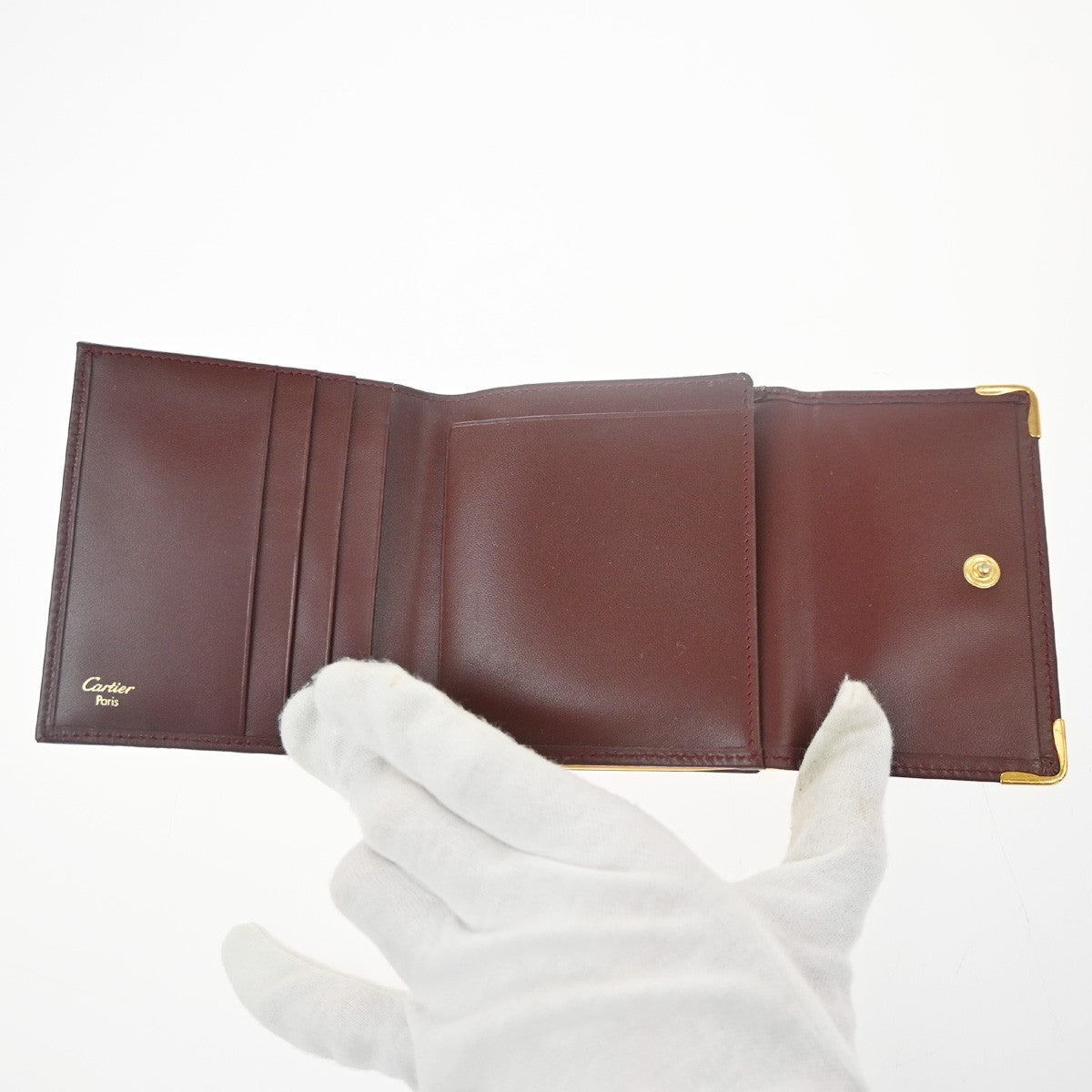 Cartier 2C Logo Trifold Compact Wallet Purse Leather Red Gold Italy 01RL879