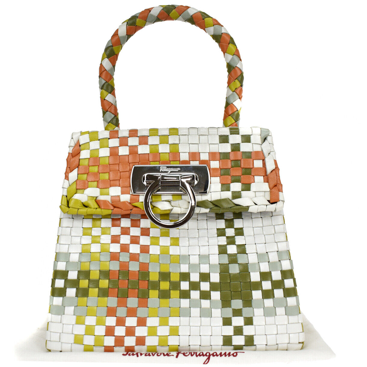 SALVATORE FERRAGAMO GANCINI HAND BAG LEATHER WHITE GREEN ORANGE ITALY 52LB626