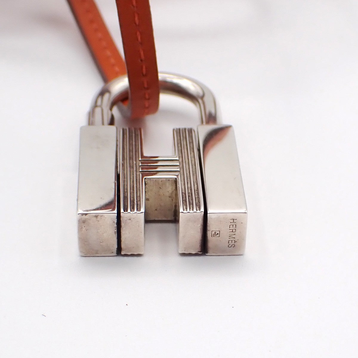 HERMES H Logo Necklace Touareg Pendant Leather Silver Brown Accessory 36RL753