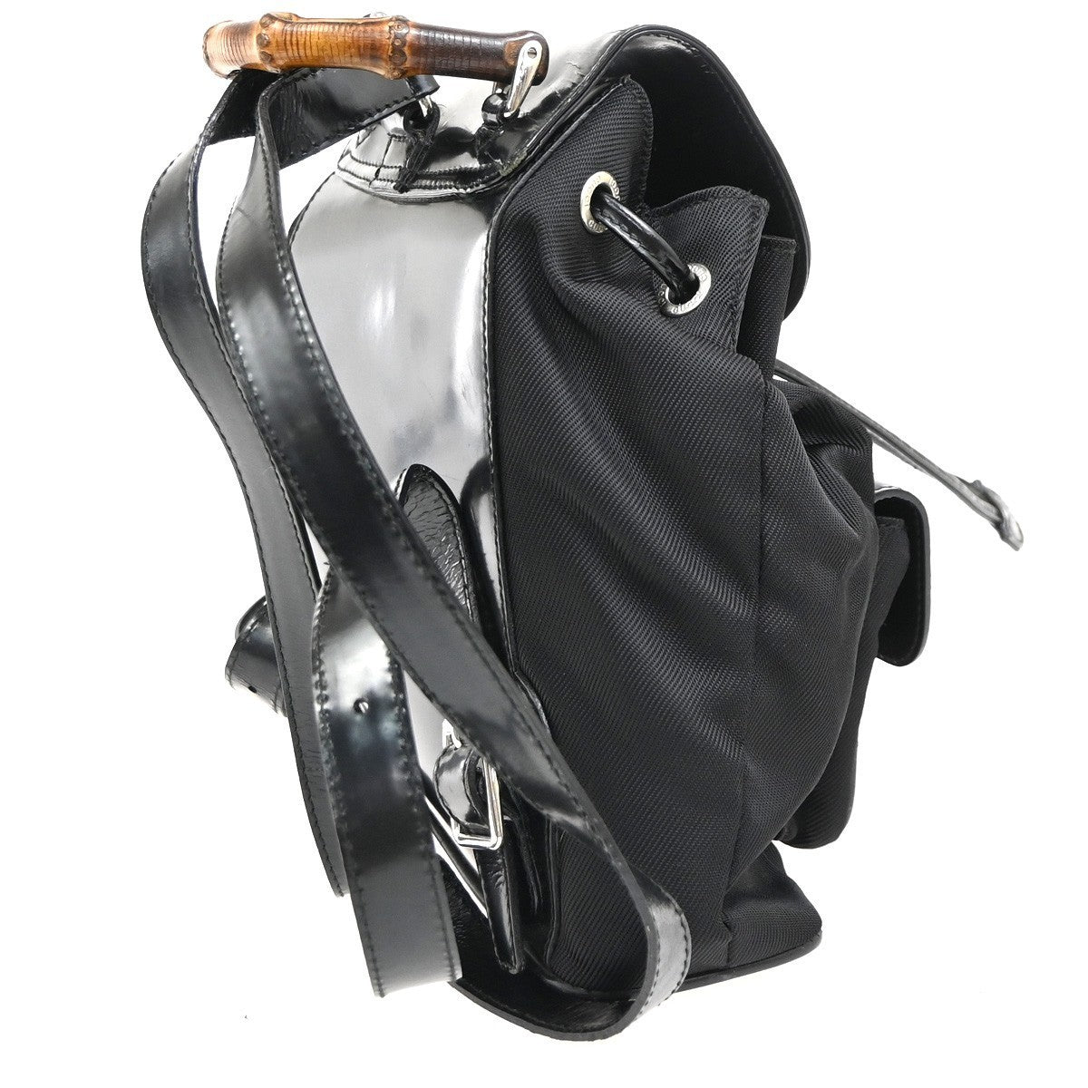 GUCCI Logo Bamboo Backpack Bag Leather Nylon Black Italy 04KP347