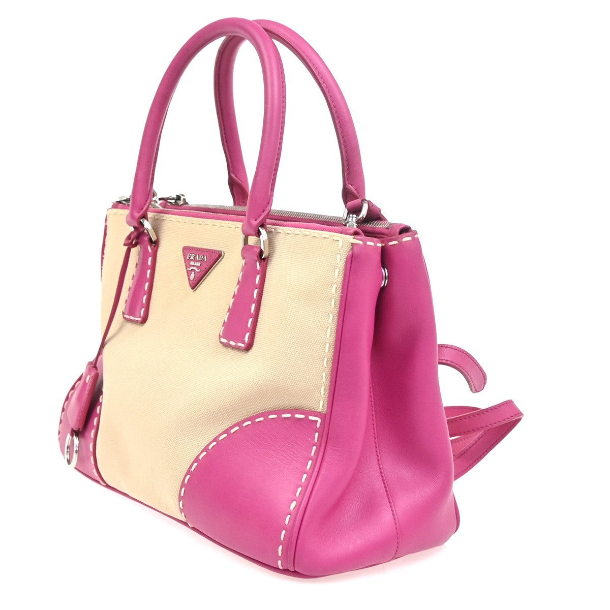 PRADA Logo Canapa City 2Way Shoulder Hand Bag Canvas Leather Pink BE SHW 98ZA359