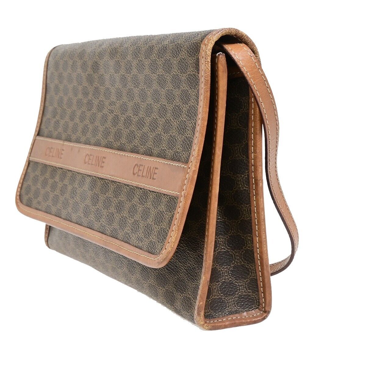 CELINE Logo Macadam Pattern Crossbody Shoulder Bag PVC Leather Brown 62SH929