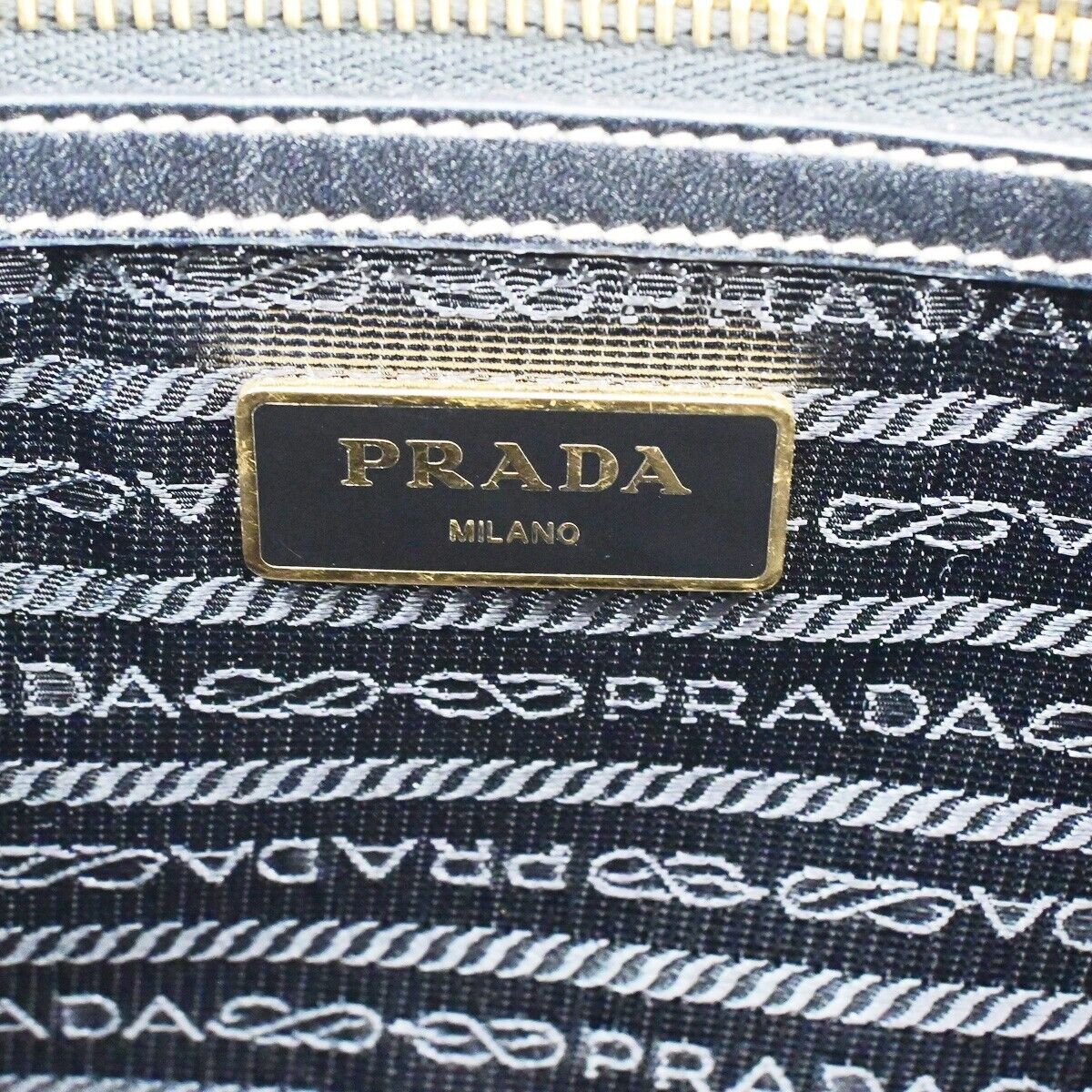 PRADA MILANO Logo Jacquard Shoulder Bag Canvas Leather Brown Black Gold 75SH961