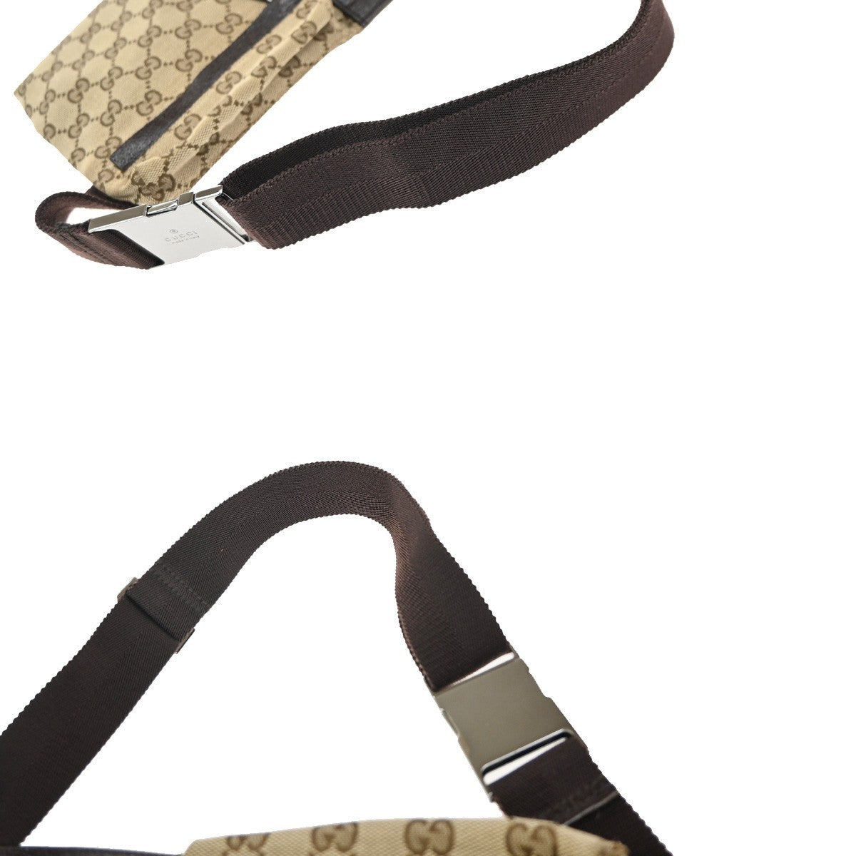 GUCCI GG Logo Double Pocket Bum Bag Canvas Leather Brown SHW Italy 85EG285
