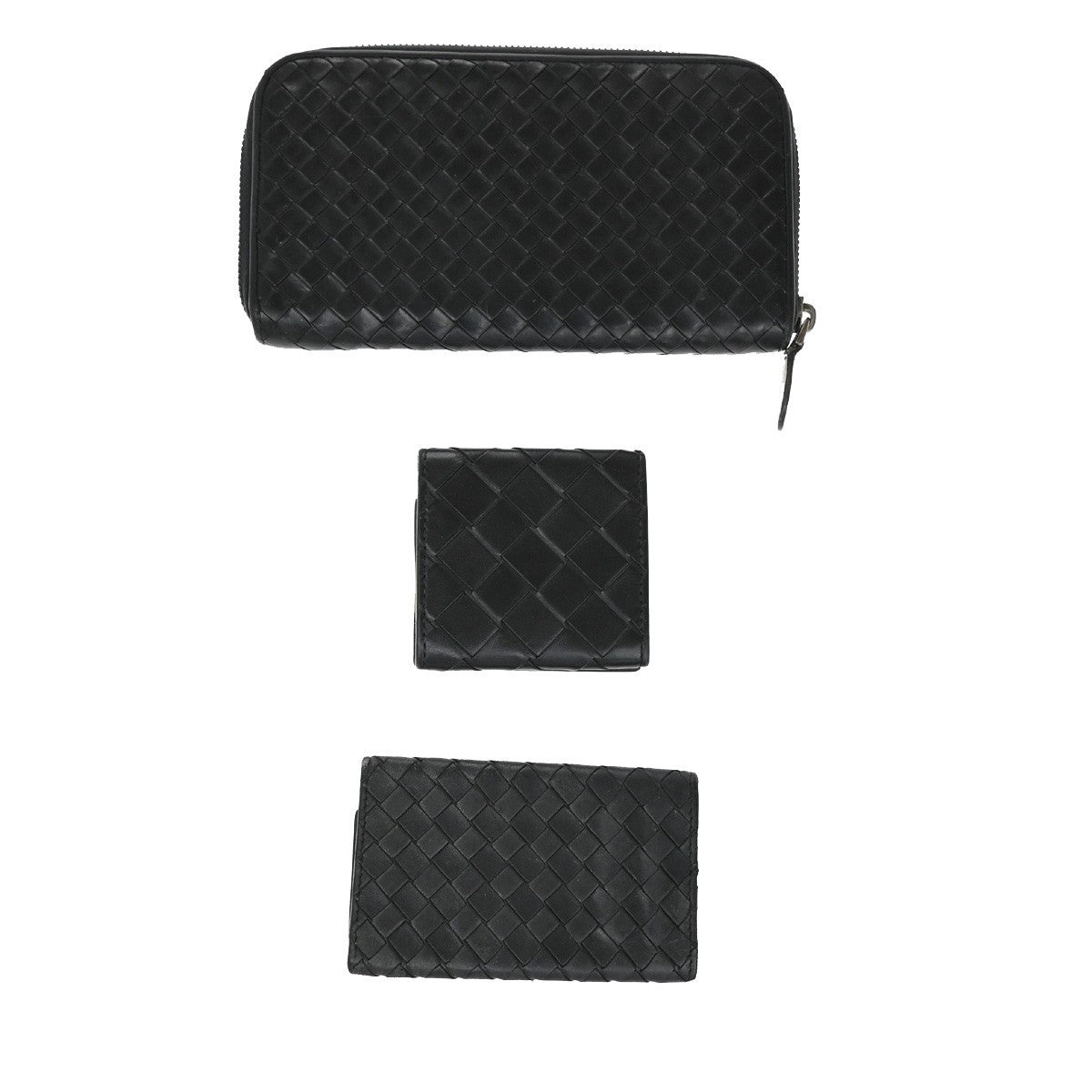 BOTTEGA VENETA Intrecciato 3 Set Zipper Wallet Key Case Leather Black 33KP186