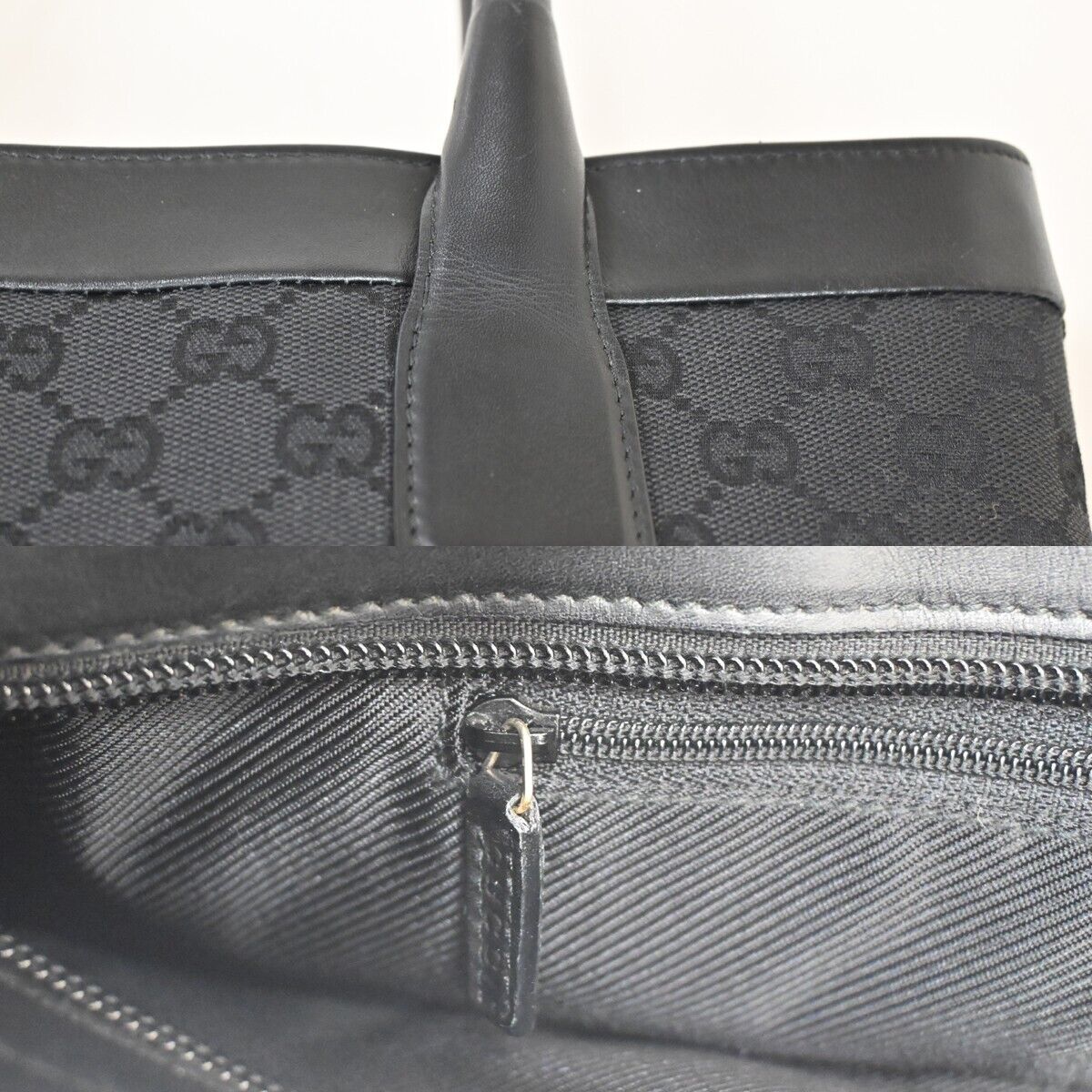GUCCI Logo GG Pattern Shoulder Tote Bag Canvas Leather Black Silver 38SH187