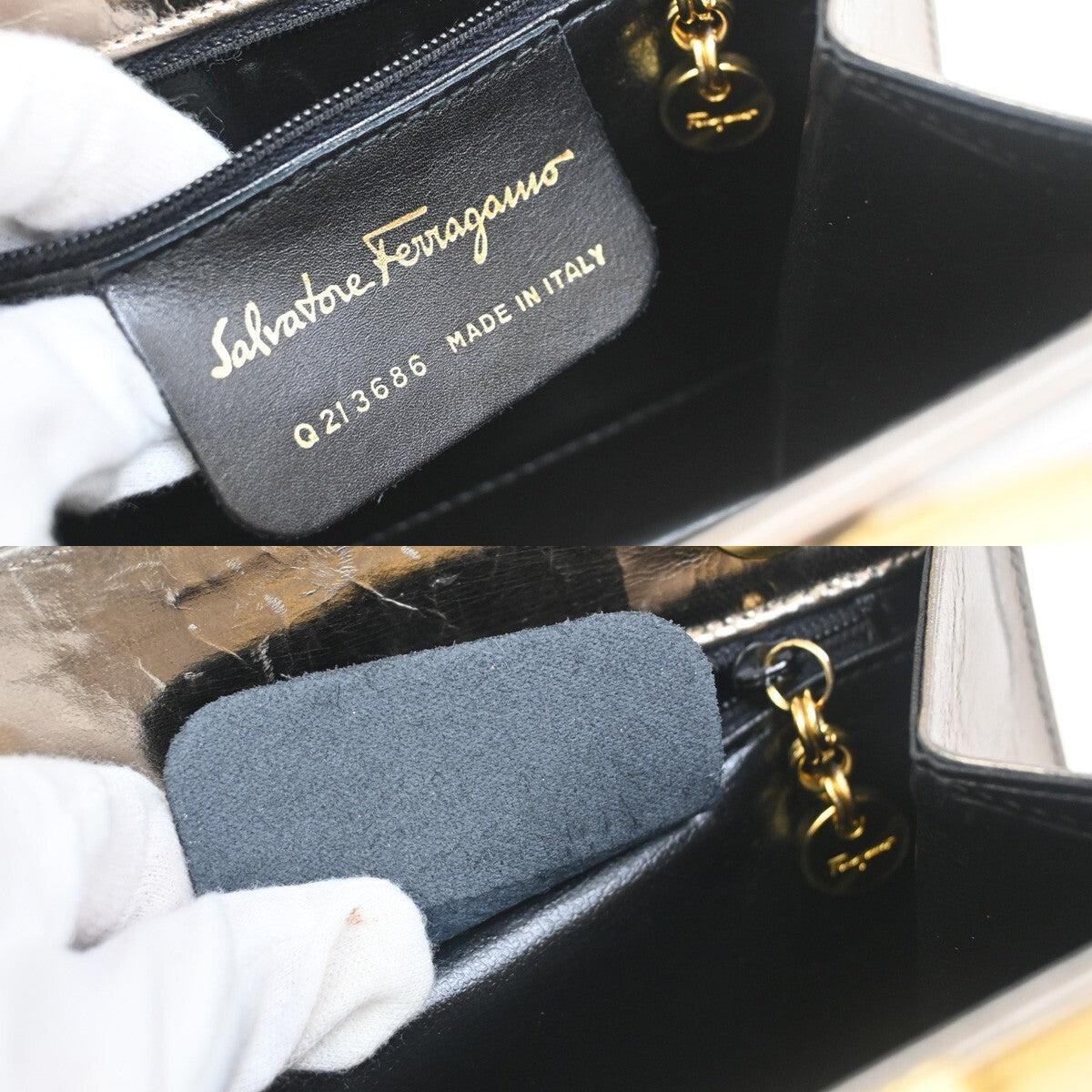 SALVATORE FERRAGAMO Gancini Metal Handle Clutch Hand Bag Leather Gold 62FB855
