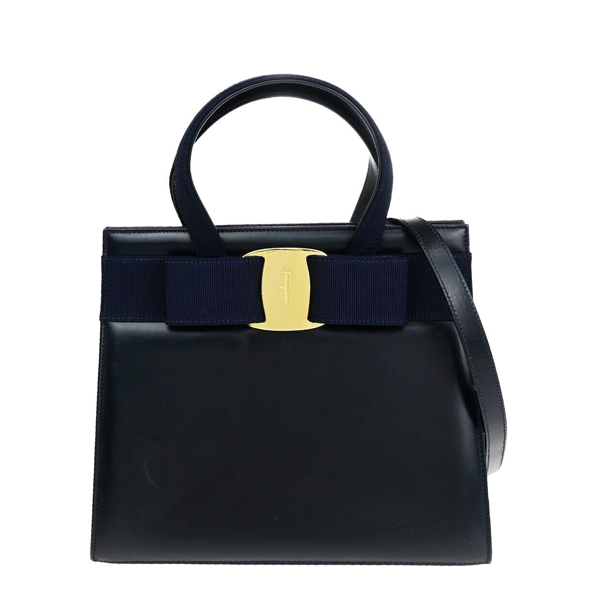 SALVATORE FERRAGAMO Vara Hand Bag Canvas Leather Navy Blue GHW Italy 37YF210