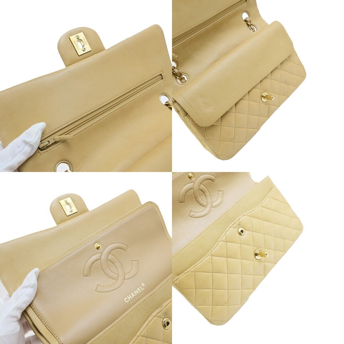 CHANEL CC Matelasse 25 Double Flap Chain Shoulder Bag Leather Beige GHW 310RK685